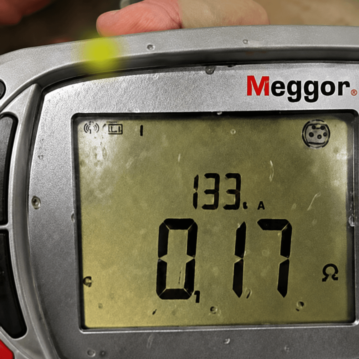 Electrical test equipment showing a high earth fault current reading